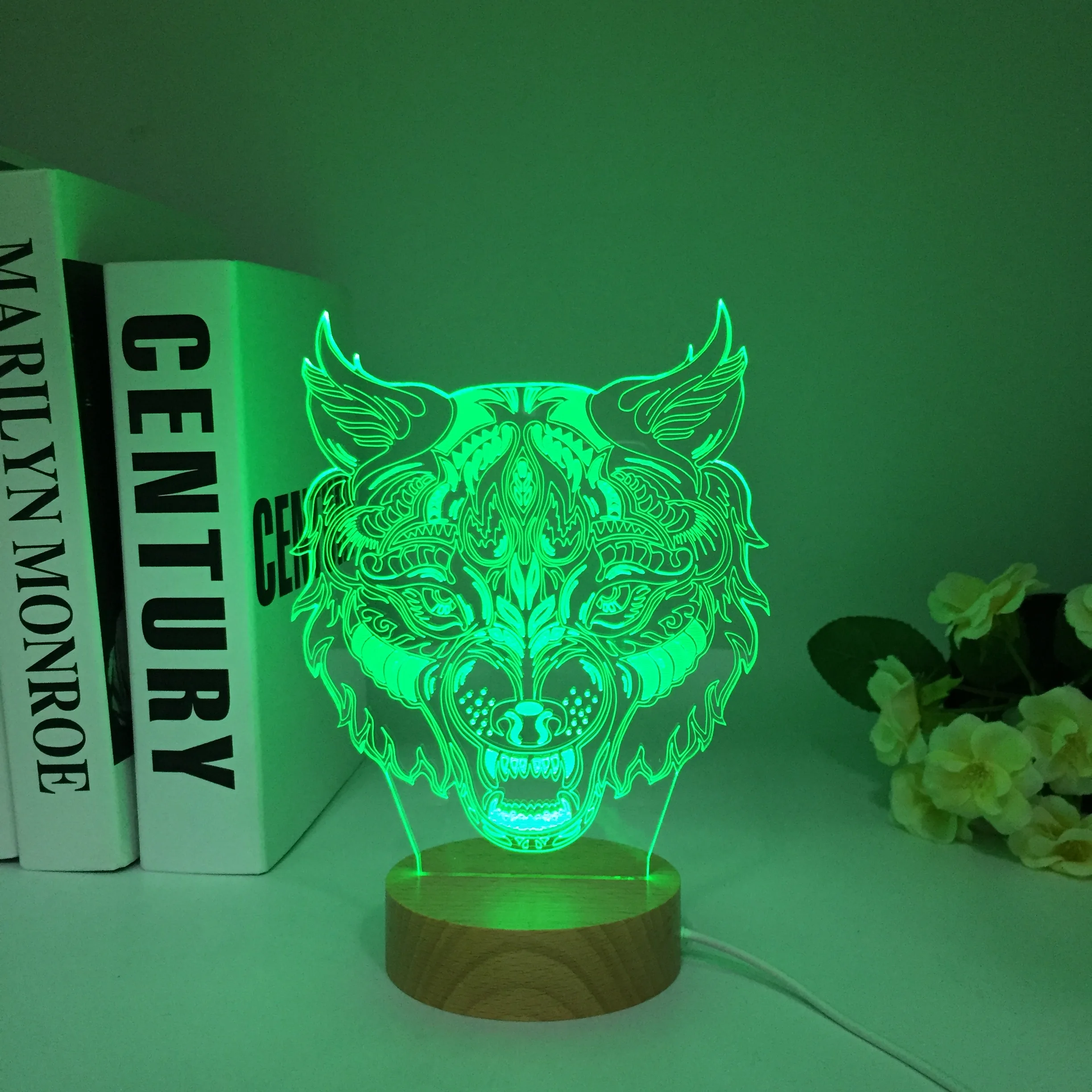 Lobo de madeira 3D LED Night Light for Kids, Touch Illusion, 7 Color Changing, USB Table Lamp, Nightlight, Decoração do Quarto, Presente