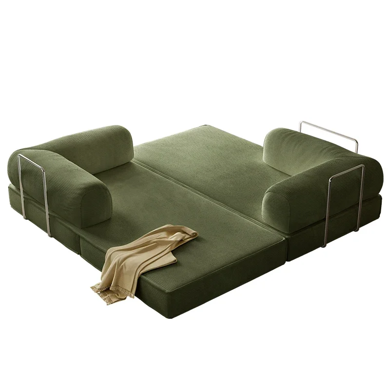 French green fabric teddy sofa bed, retro compression module combination folding dual-purpose small apartment