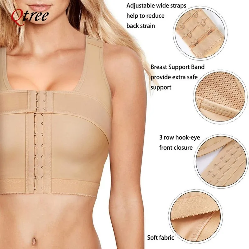 Qtree Women Front Breast Support Push Up Bra Compression Body Shaper Adjustable Band Hooks Breast Control Corset Shaperwear