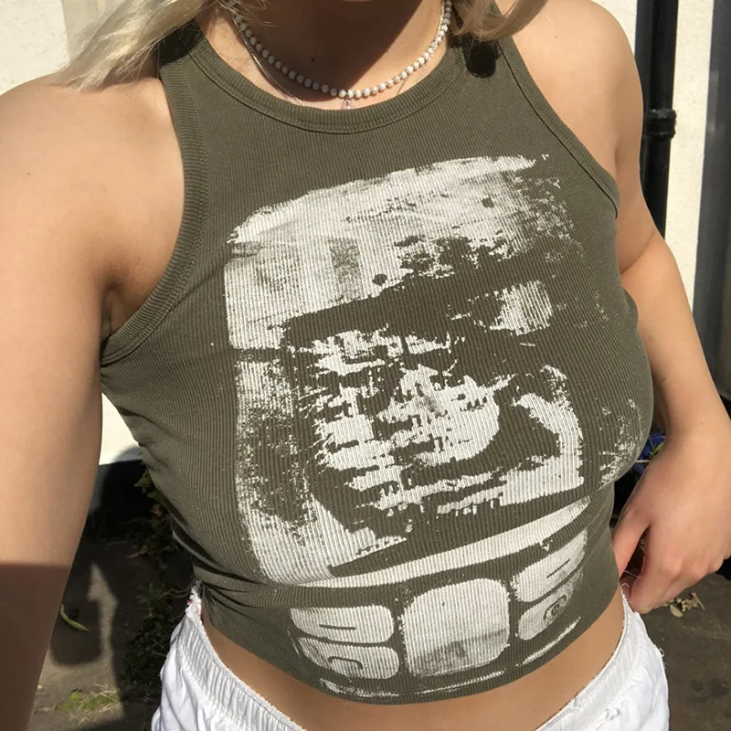 Tops cortos estampados estilo Y2K, sin mangas, con cuello redondo, tipo corsé, para mujer, camisetas básicas de verano para discoteca