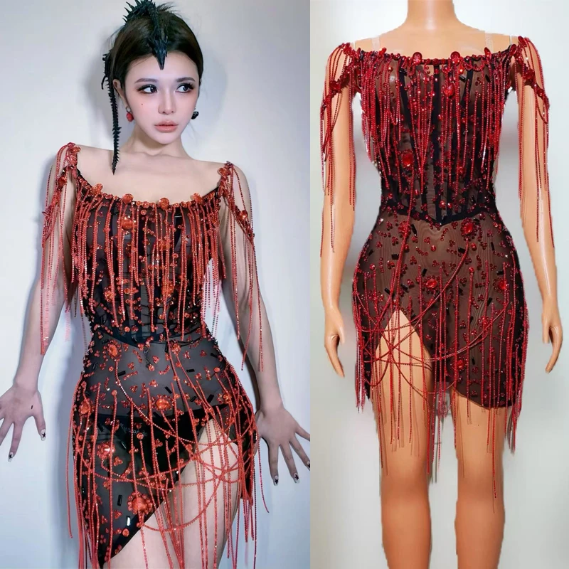 

Sparkly Perspective Rhinestones Dress Women Singer Gogo Costume Stage Performance Festival Outfit Bar Dj Ds Clubwear XS9340