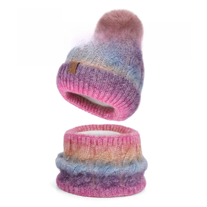 

Thickened Fleece Knitted Hat Scarf Set Gradient Color Warm Fashionable All-Match Winter Accessories for Men round Top No Brim
