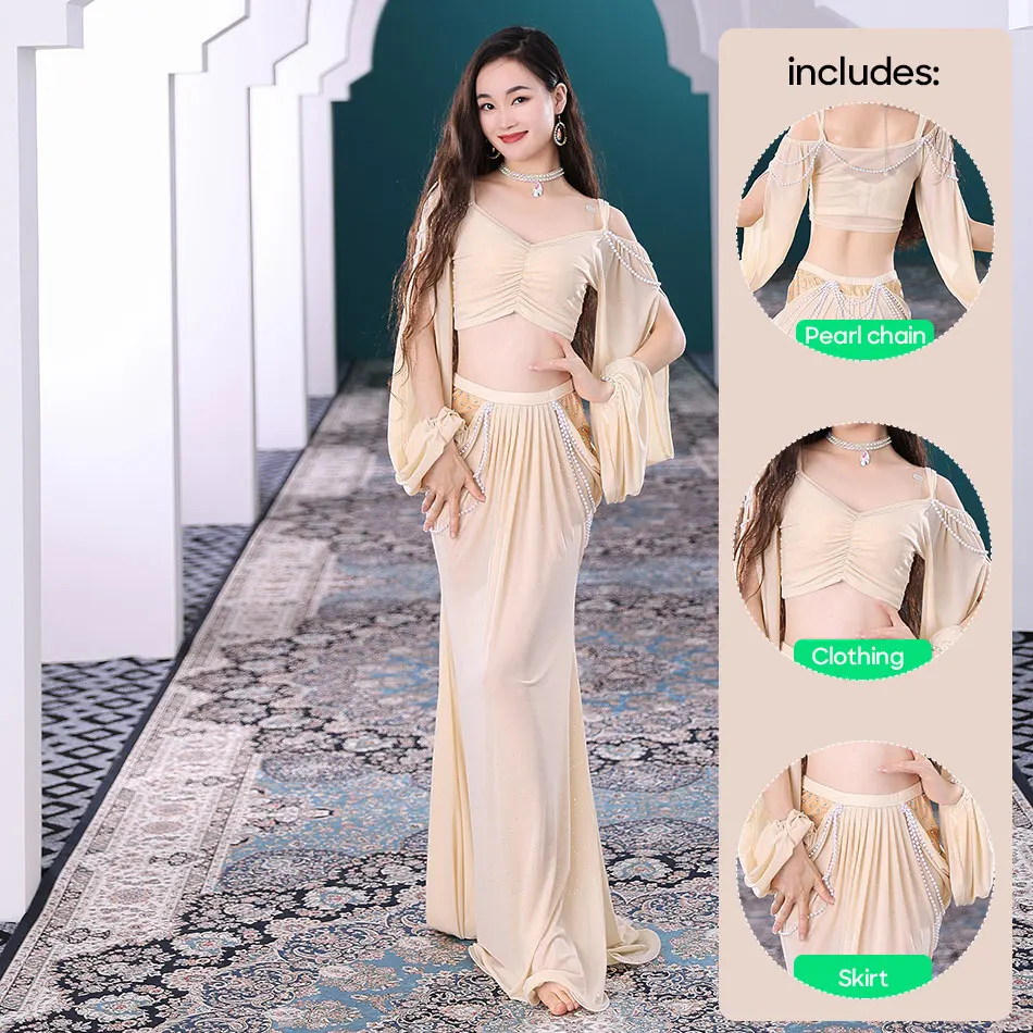 밸리 댄스 섹시 코스튬 2 개 세트, 성인 여성용 공연 원피스, 무대 공연 연습 진주 체인 롱 스커트