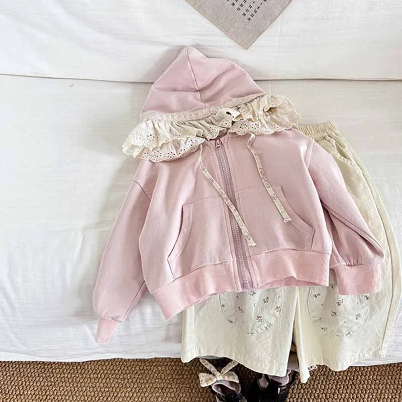 الربيع الدانتيل سترة الفتيات معطف مقنع جديد الأطفال لطيف الحلو ملابس خارجية طفل بأكمام طويلة سستة رداء علوي غير رسمي الخريف موضة الملابس