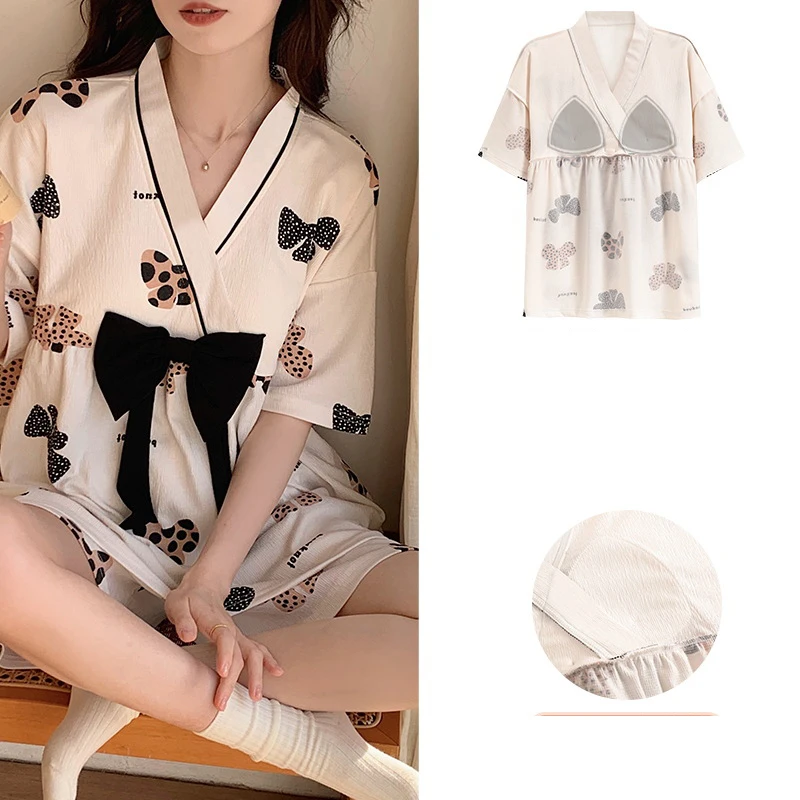 

Spring New Women's Pajamas Set V Neck Pajamas Short Sleeve Shorts Cotton Thin Girl Wide Summer Season Song Home Furnishing