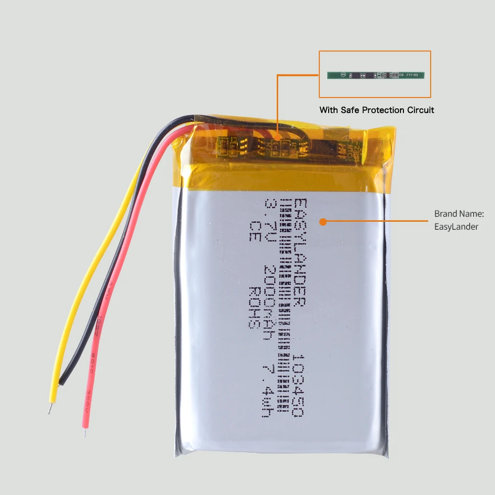 Fils de silicone 3 fils 103450   3.7V 2000mAh Li polymère batterie rechargeable au lithium Lipo Batteries