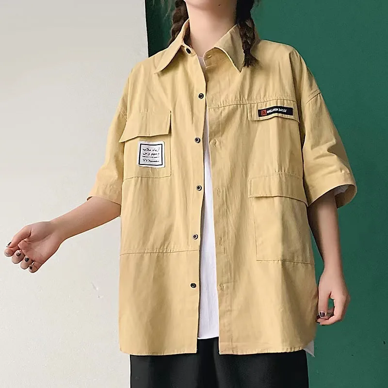 

Men Shirts Short Sleeve 2023 Summer Casual Loose Blouses Fashion Streetwear Male Button Pocket Shirt Couple Vintage Tops