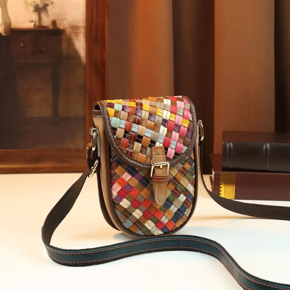 

Retro Rainbow Woven Saddle Bag Genuine Leather Handcrafted Women's Crossbody Bag Color Block Patchwork Ethnic Style