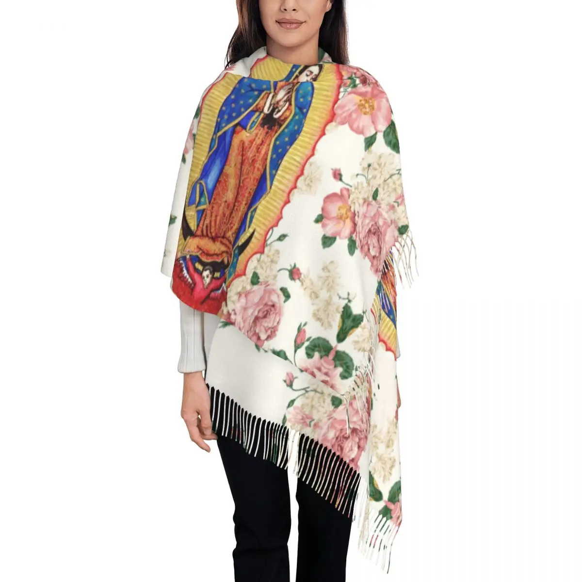 Lady Long Virgin Of Guadalupe Scarves Women Winter Soft Warm Tassel Shawl Wrap Mexico Catholic Virgin Mary Scarf