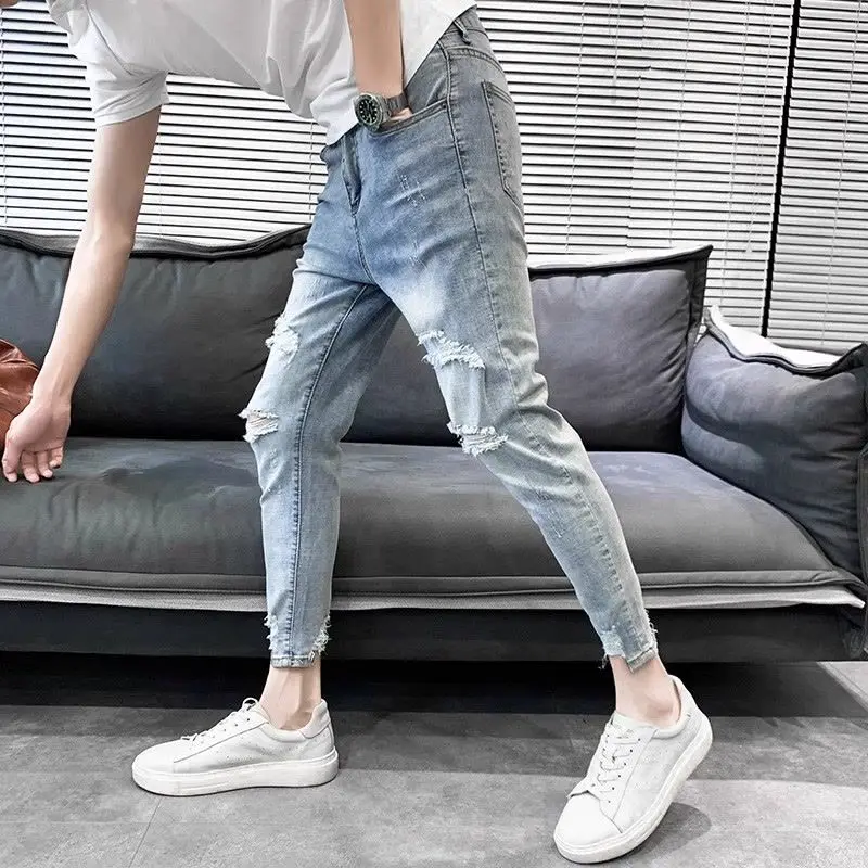 

New Spring Autumn Korean Luxury Clothing Casual Pencil Jeans for Men Slim Fit Distressed Streetwear Denim Cowboy Pants for Men