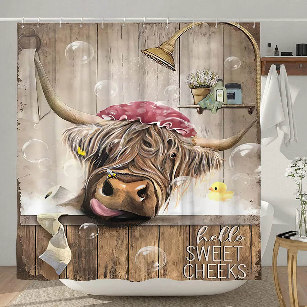 Funny Farmhouse Highland Cow Shower Curtain Vintage Western Bull Cattle Rustic Country Shower Curtains Funny Animals Bath Decor