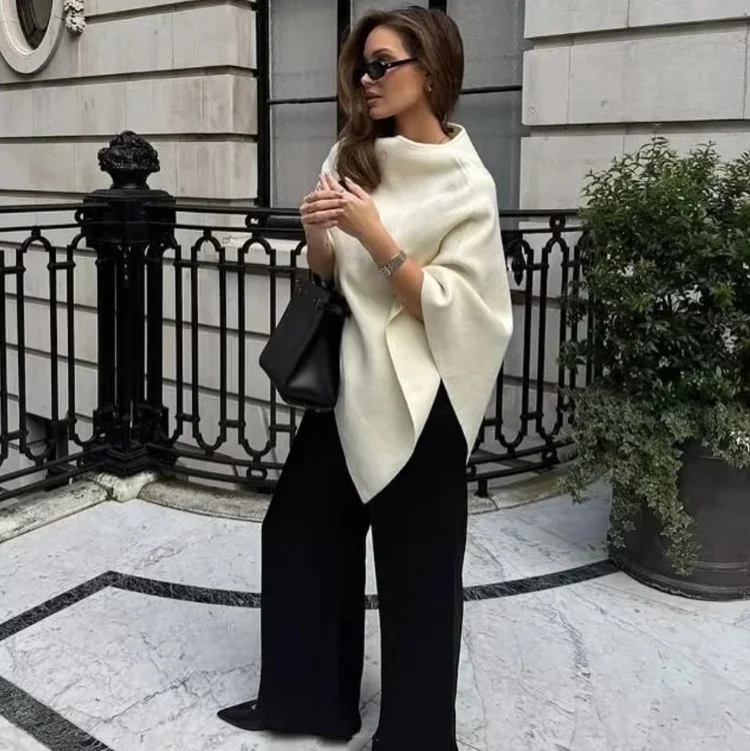 

Casual Solid Color Shawl Spring Autumn Fashion New Loose Round Neck Asymmetrical Knitted Pullover Elegant Commuter Top For Women