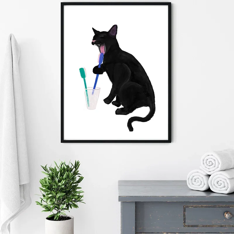 Funny Cute Black Cat In Bath Wall Art Prints Nordic Canvas Painting Posters Cat Lover Gift Pictures for Bathroom Home Decoration