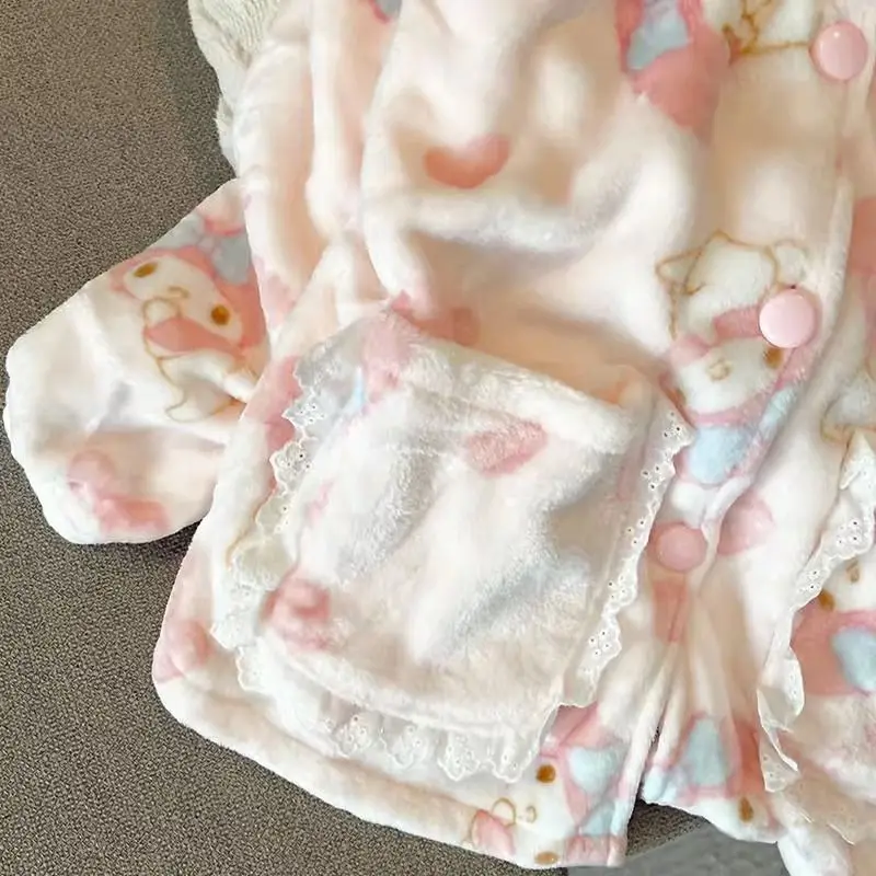 Piyama Lucu Bahan Plush Melody Anime Kawaii Sanrio Coral Fleece Wanita Baju Tidur Cardigan Longgar Atasan Celana Pakaian Rumah Pelajar