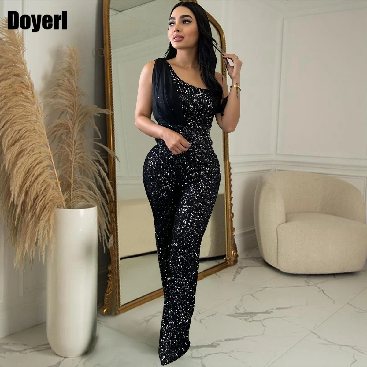 

Sparkly Black Sequin Jumpsuit Women Elegant Party Overalls Bodycon Sexy One Shoulder Luxury Evening Jumpsuit Birthday Outfit