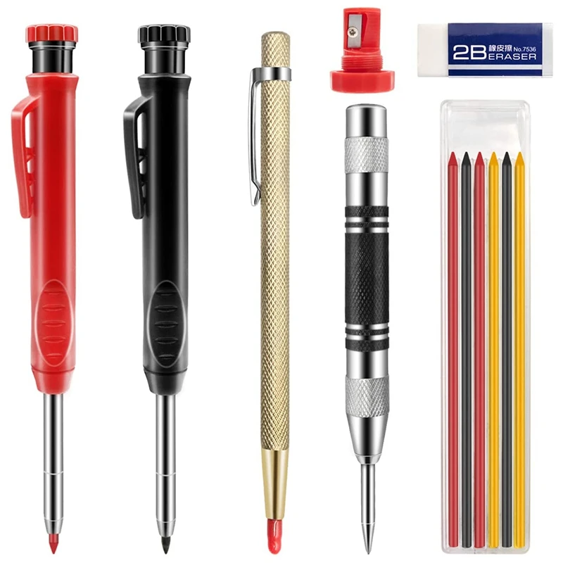 

2 Carpenter Pencils, With 6 Marker Refills, Carbide Scriber Tool, Automatic Center Punch, Rubber, Built-In Sharpener