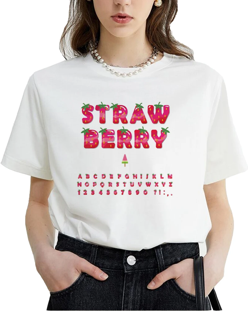 Sweet strawberry print T-shirt Strawberry text print top Good quality comfortable clothes for summer A246