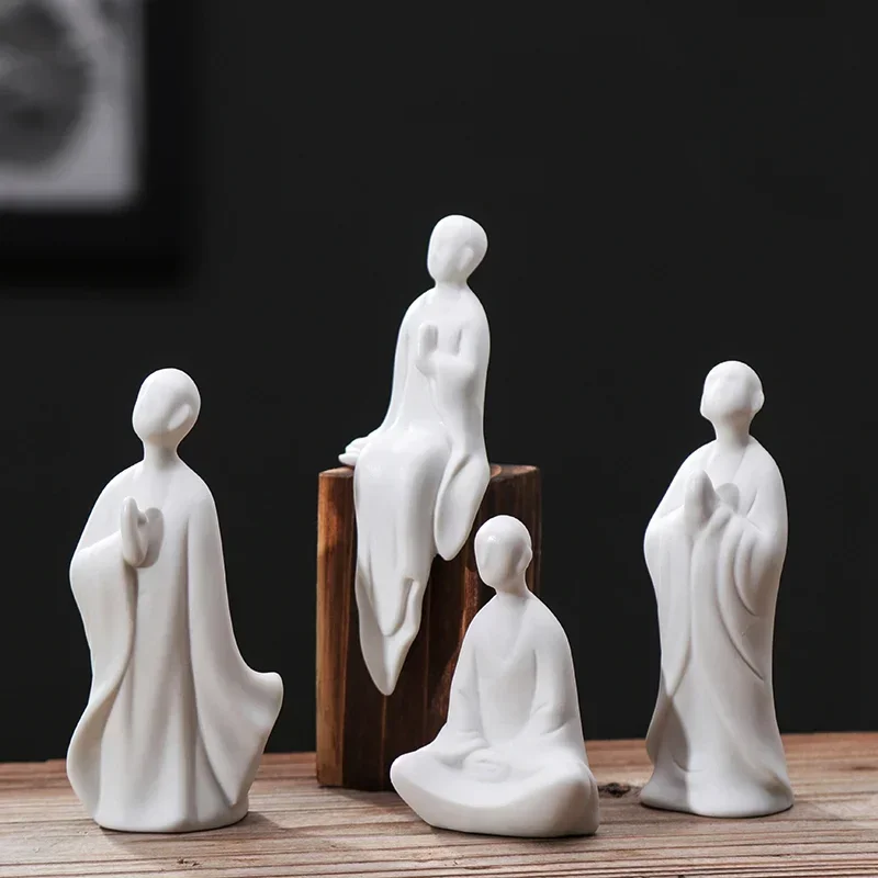 White Porcelain Monk Figurines Aesthetic Living Room Bonsai Fish Tank Miniatures Originality Vintage Home Decor Estatua FYFM