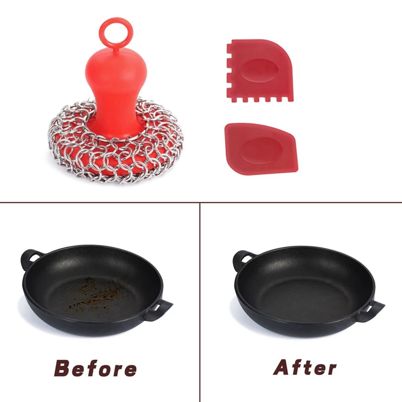 Cast Iron Chainmail Scrubber + Pan Scraper, Stainless Steel Skillet Cleaner, Scraper Tool For Cast Iron Pans Easy To Use Red