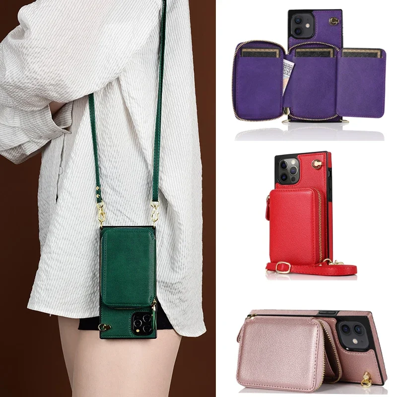 Crossbody Shoulder Strap Zipper Wallet Leather Case for Samsung S24 S22 S23 FE S21 S20 S10 9 Note 20 10 9 Card Stand Holder Case