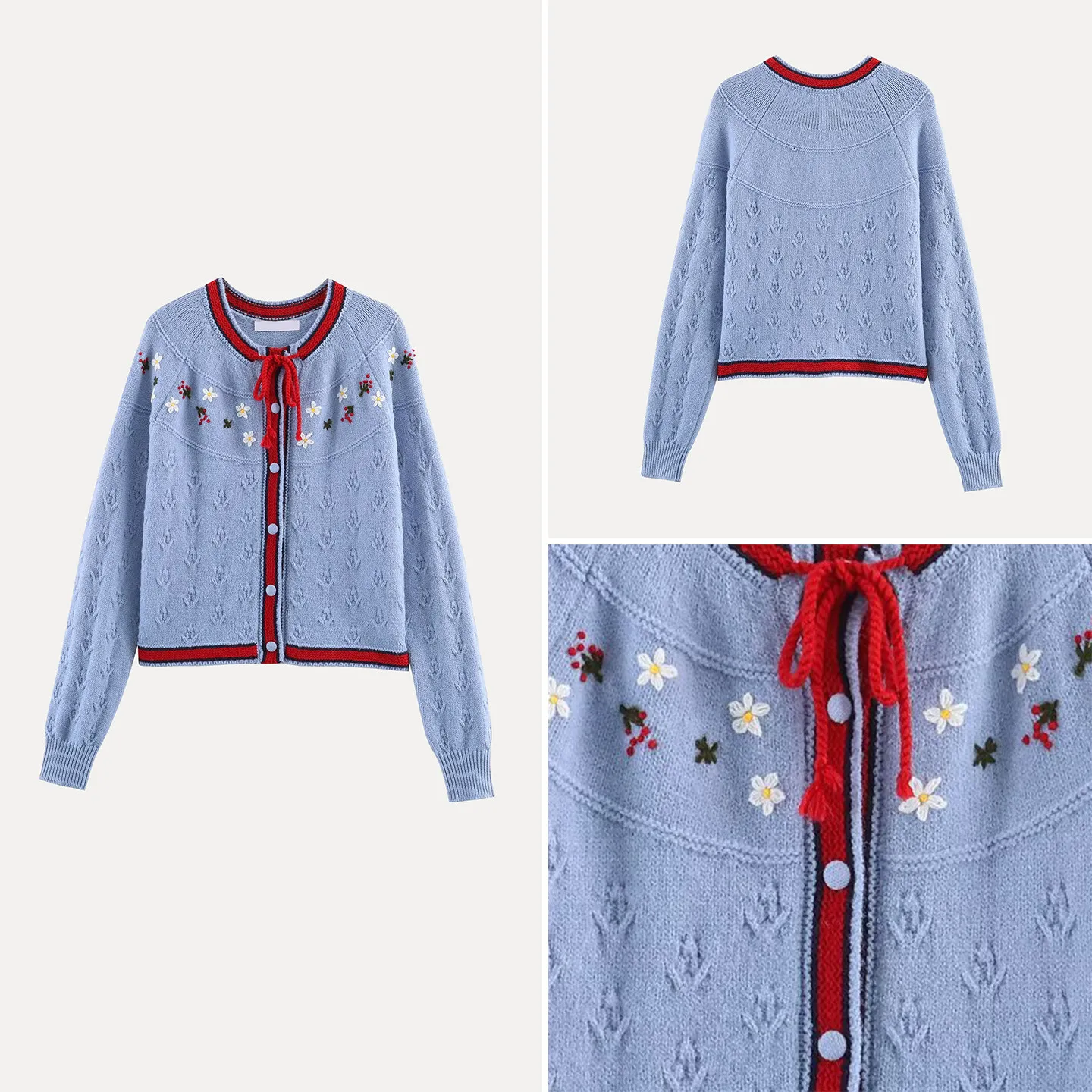 

2025 Winter New Faion Women's Knitted Embroidered Belted Open Cardigan Color Blo Floral Casual Sle Long Sve 00% Oth...