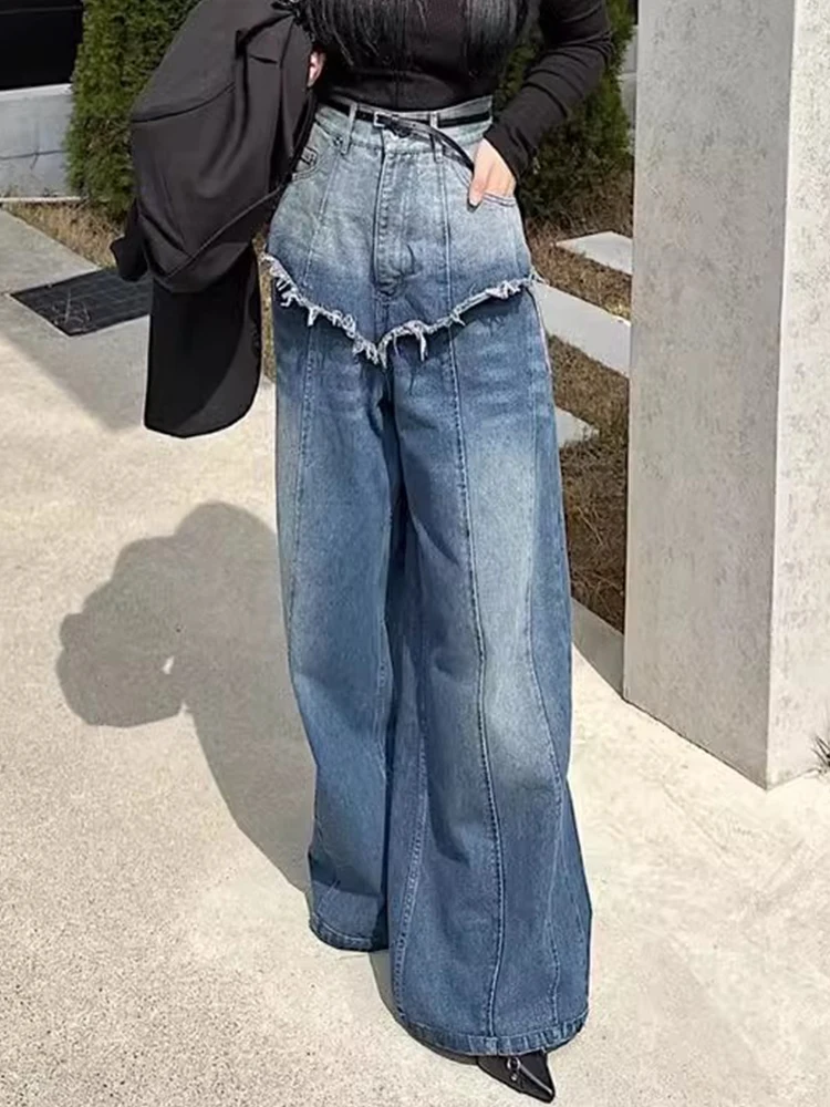 Baggy Patchwork Jeans Woman Korean Vintage Wide Leg Skirt Over Denim Pants Y2k High Waisted Straight Trousers Coquette