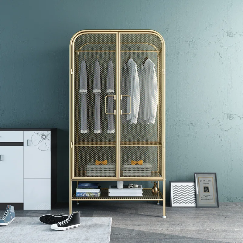 Hxl bedroom gold grid hanging wardrobe single iron cabinet