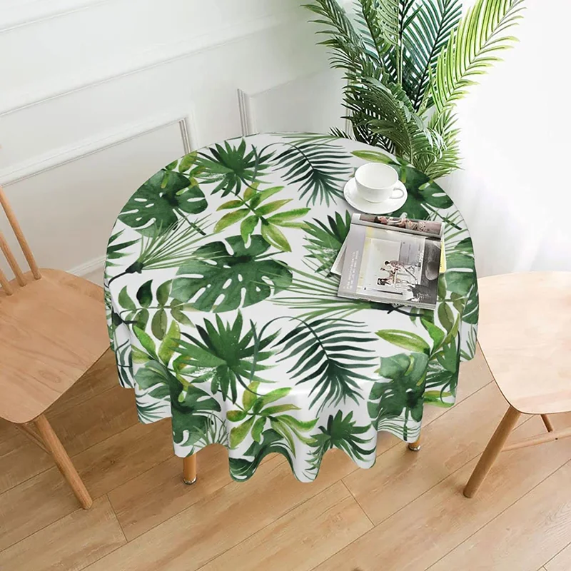 Tropical Jungle Palm Leaves Round Tablecloth 60 Inch Stain Resistance Polyester Table Cloth Table Cover for Kitchen Dining Table