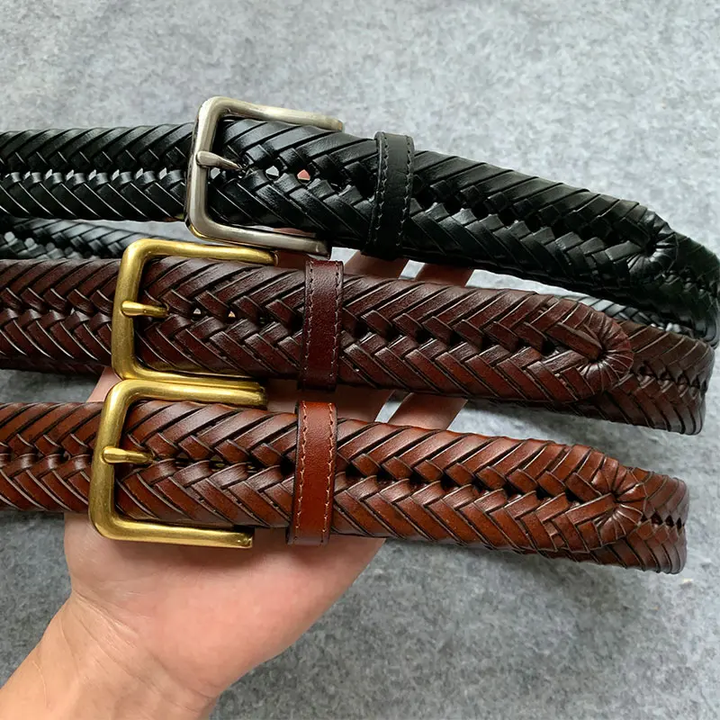 手作りのアメリカンクラシック編み込みレザーベルト、厚手のカジュアルヴィンテージスタイルバックル、中空デザイン、男性、若者から中年向け