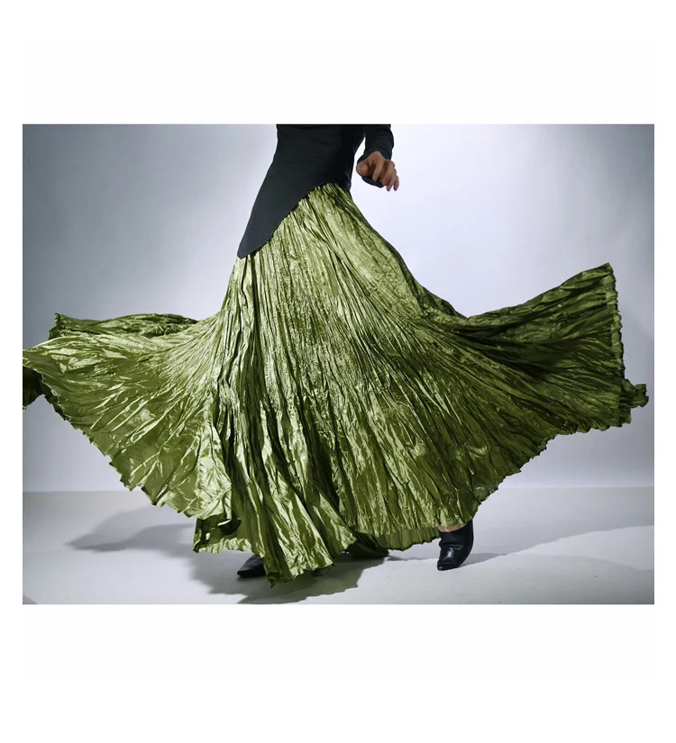 High Quality Women Spring Long Skirts Wide Hem Pleated Design High Waist A-Line Dance Maxi Skirts Faldas Femme Streetwear