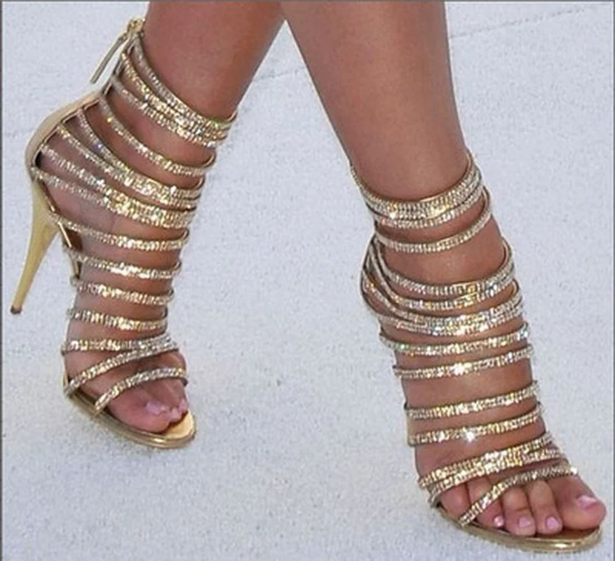 

Comemore Bling Gold Crystal Sandals Strappy Gladiator Sandal Shoes Stiletto Heel Wedding Pumps Rhinestone Cage Sandal High Heels