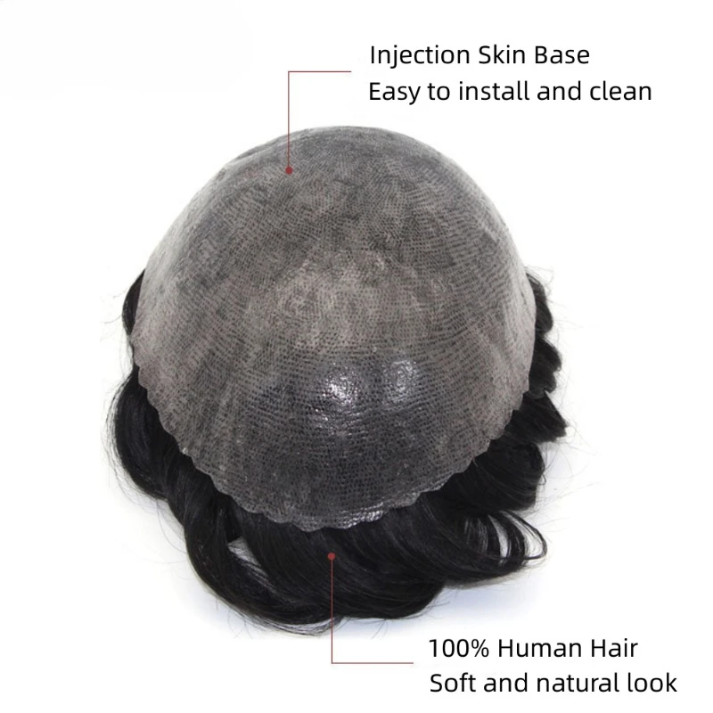 Kuin-tupé de inyección para hombres, peluca de PU de piel I, prótesis capilar para hombres, prótesis de cabello para hombres, peluca de cabello humano Remy