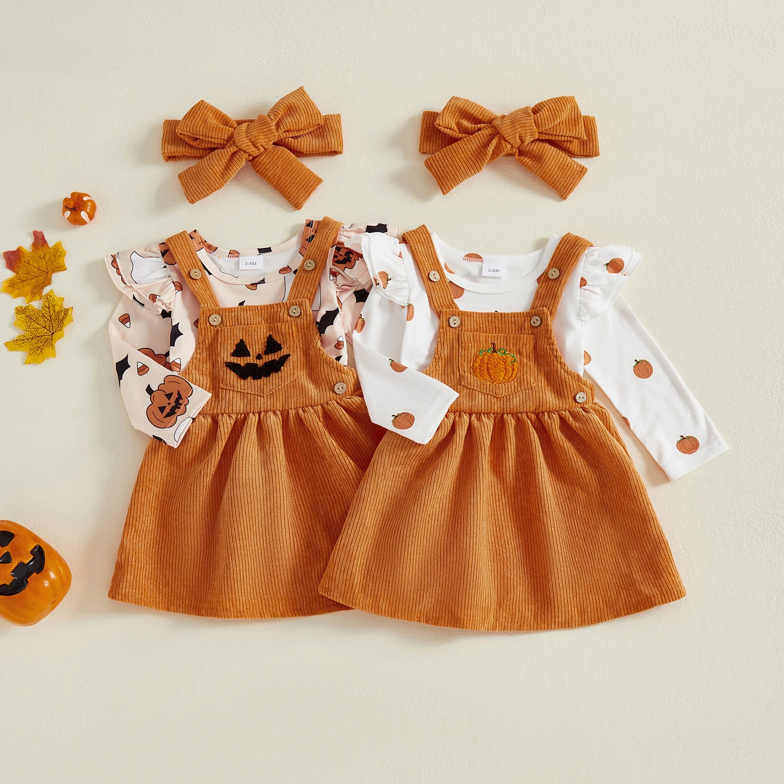 

Наряд на Хэллоуин для маленьких девочек, комбинезон с длинными рукавами и принтом тыквы и платье на подтяжках, комплект с повязкой на голову, милая одежда из трех предметов