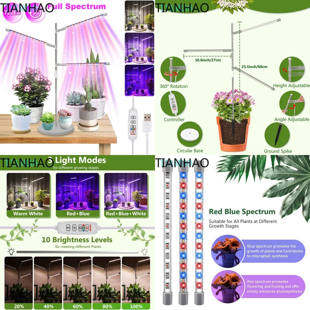 10W 72 LED Full Spectrum Dimmable Plant Grow Light with USB Power Adjustable Timer Options 3H 9H 12H for Seedlings and