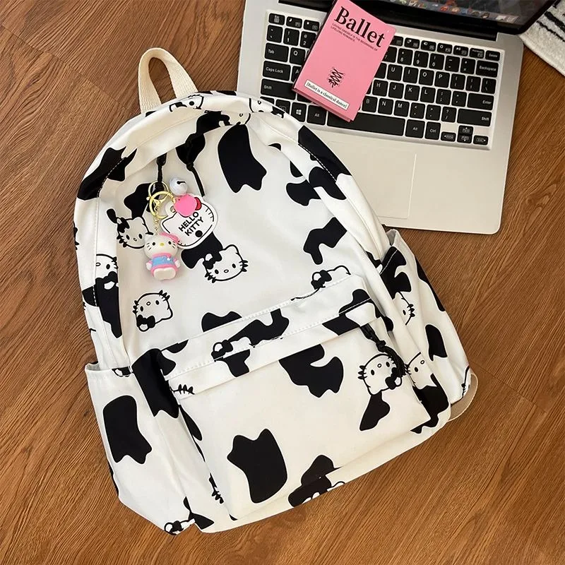 

MBTI Hello Kitty Womens Backpack Cute Nylon Cartoon Cow Print Casual Backpacks Large Capacity College Style Fashion Female Bag