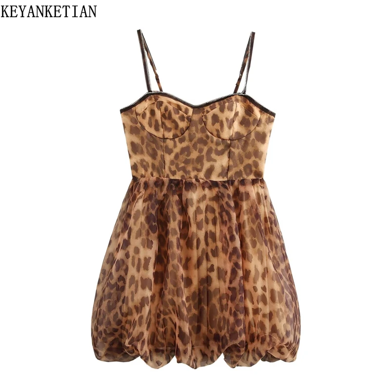 KEYANKETIAN 2025 New Women's Leopard Print Spaghetti Strap Dress Hot Sweet Stick Decoration Slim High waist Organza Mini Dress