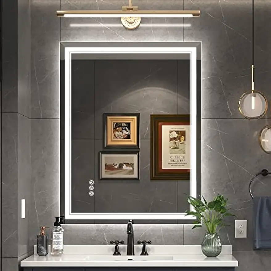 

28x36-дюймовое противотуманное светодиодное зеркало для ванной комнаты с регулируемой яркостью и передней и подсветкой, водонепроницаемый декор для туалетного столика