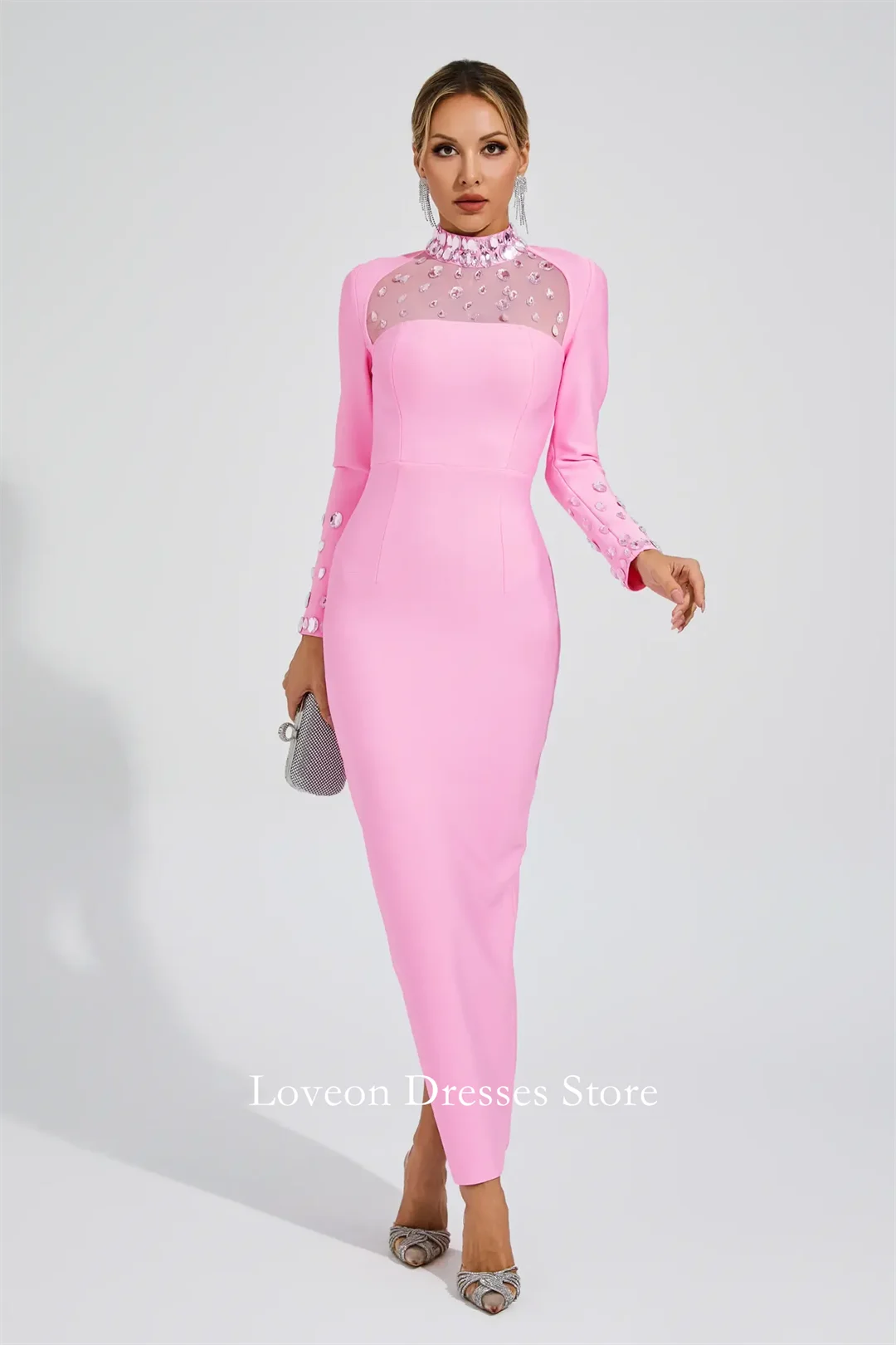 

Pink High Neck Long Sleeves Formal Evening Dresses Pink Crystals Mermaid Arabic Style Customized Elegant Prom Growns Party Women