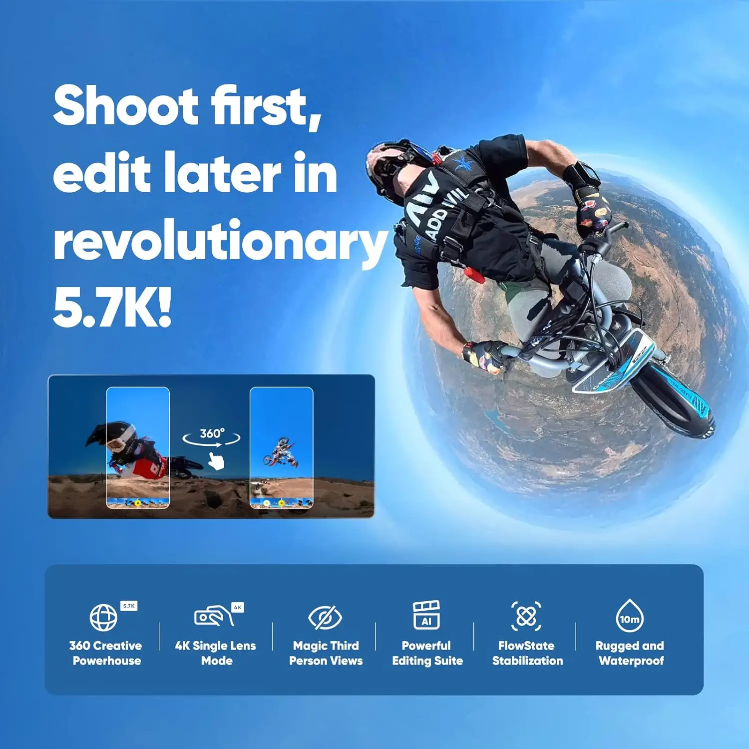 X3 - Get Set Kit Waterproof 360 Action Camera with 1/2" 48MP Sensors, 5.7K 360 Active HDR Video, 72MP 360 Photo, 4K Single-Lens image 2