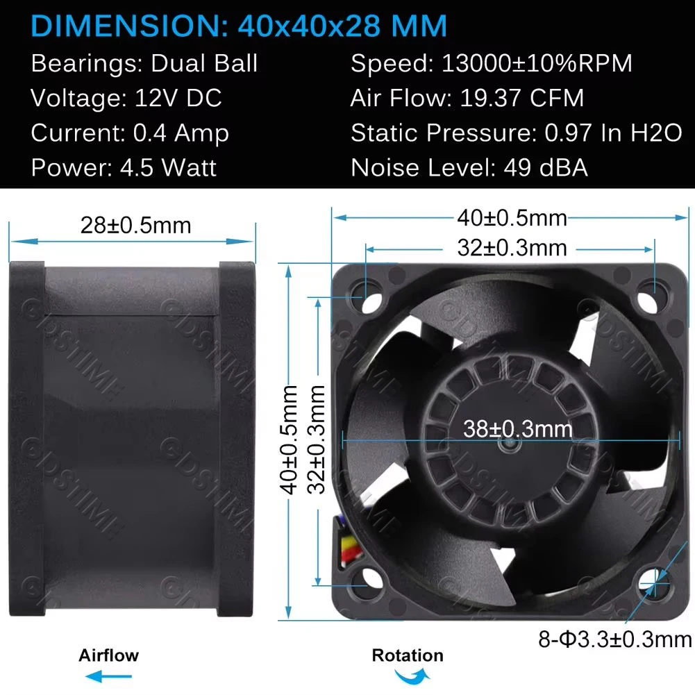 Gdstime 40*40*28mm 4028 40mm DC Fan 4pin Dual Ball Bearing  Mini Cooling Axial Fan Case Cooling Fan  High Rotational Speed Fan