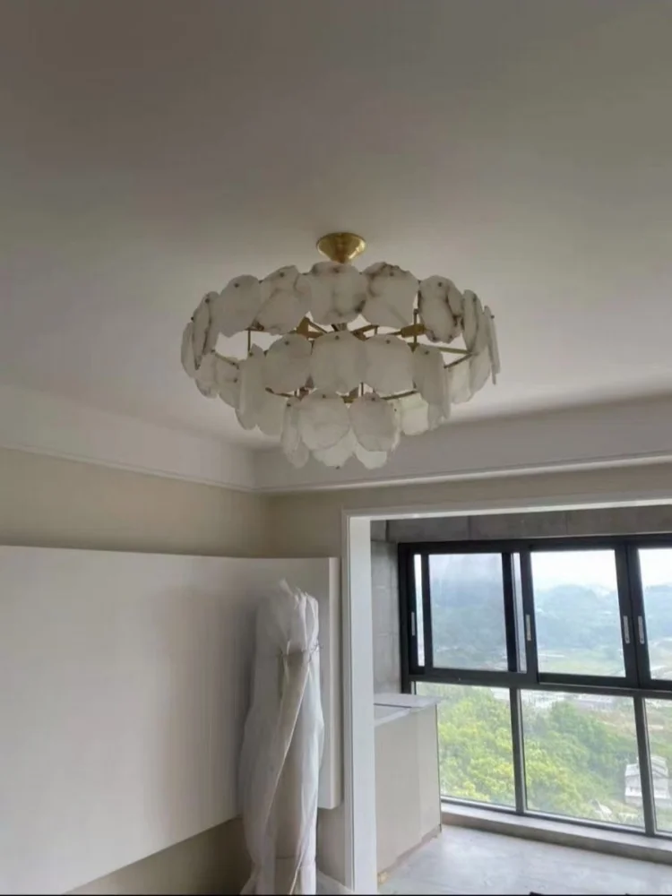 

Marble Round Chandelier For Dining Room Bedroom Living Room Brass Alabaster Ceiling Chain Pendant Lights Lamp Ring Chandeliers