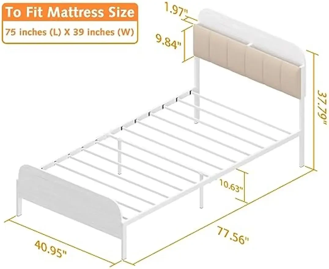 Kids Twin Bed Frame with Bookcase Headboard, Metal Platform Bed Frame with Upholstered Headboard for Boys Girls Teens Adult