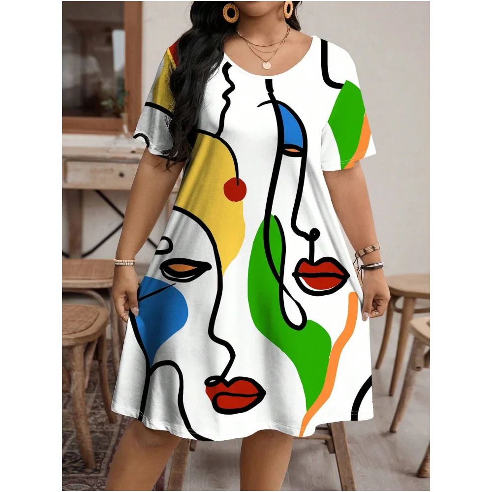 Fashion Women Clothing Artistic Face Line 3D Print Dresses Summer Loose Plus Size Dresses Casual Short Sleeve A-Line Dresses 9XL