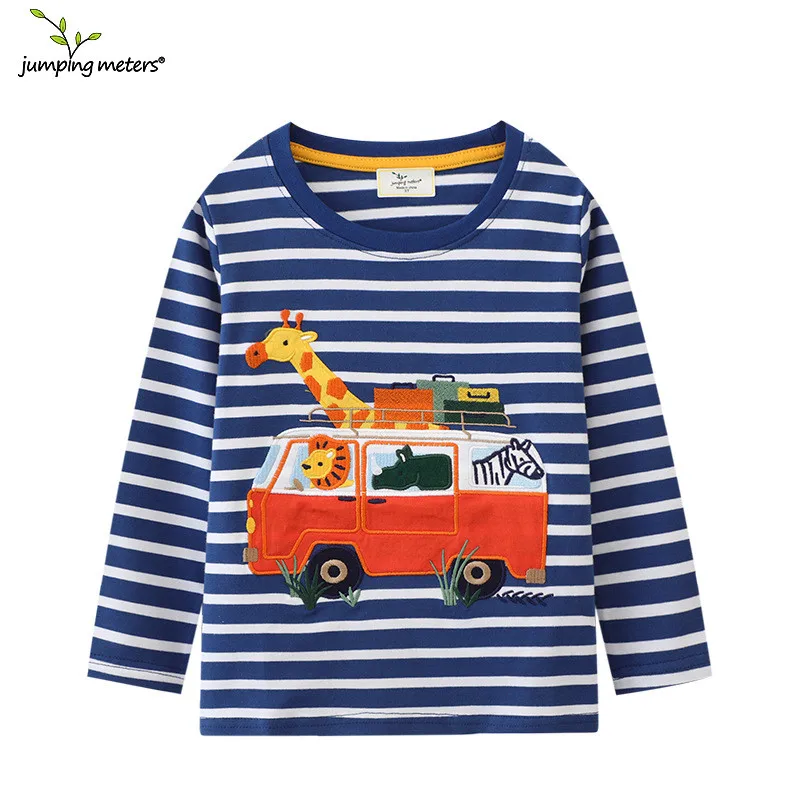 Sprung meter 2-7t Neuankömmling gestreifte Tiere Stickerei Jungen T-Shirts Herbst Winter Kinder kleidung Langarm Kinder Tops