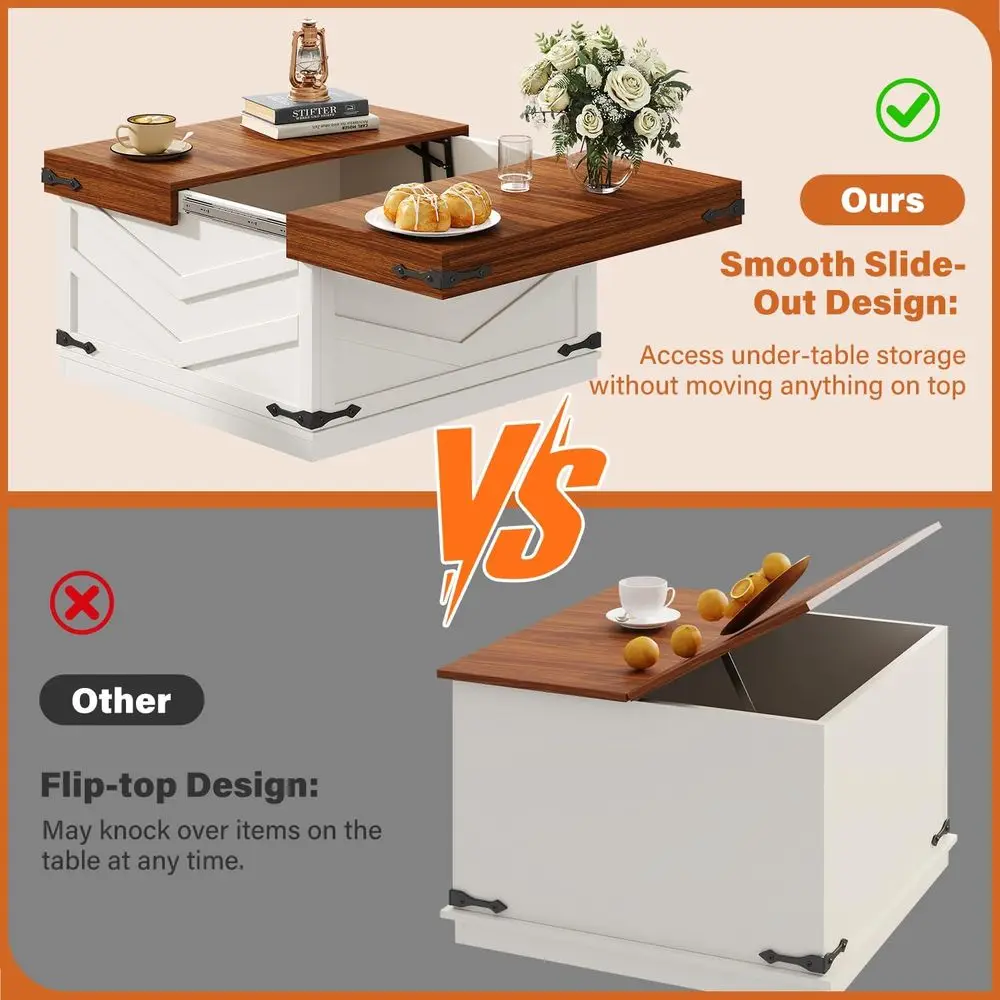 طاولة قهوة قابلة للرفع على طراز المزرعة مع مساحة تخزين منزلقة، باللون الأبيض، لغرفة المعيشة أو غرفة النوم أو المكتب المنزلي #3
