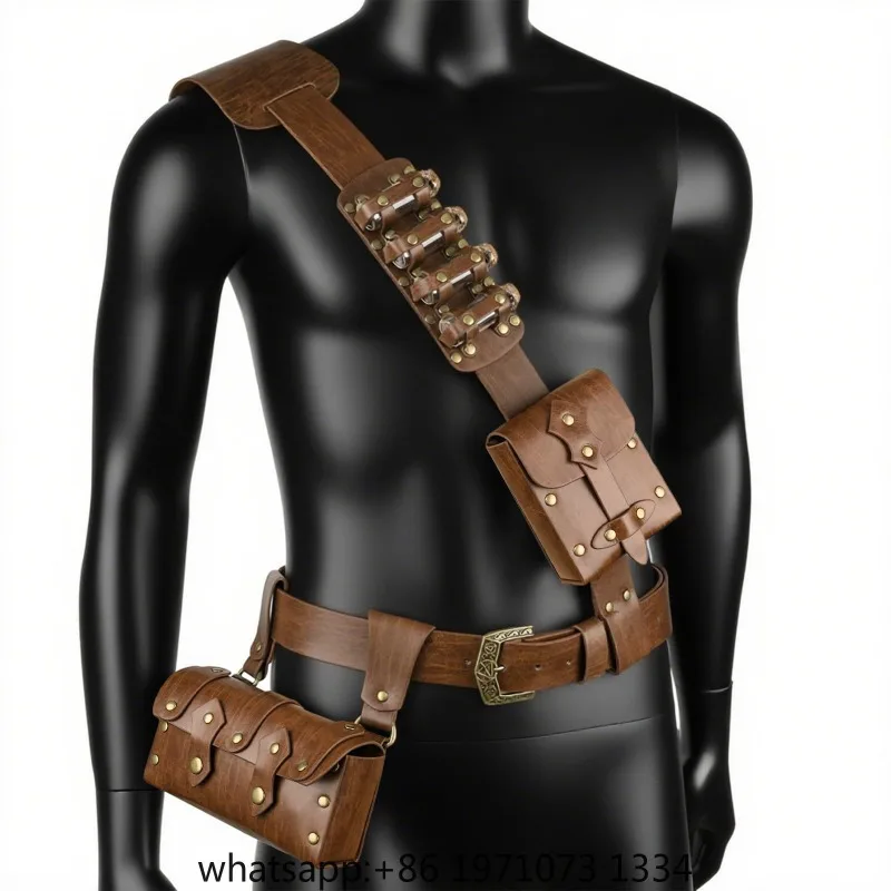 Steampunk Medieval Retro Punk Fanny Packs for Men with Potion Bottles Pu Leather Coin Purse Waist Bag Hip Belt Bag Cosplay Prop
