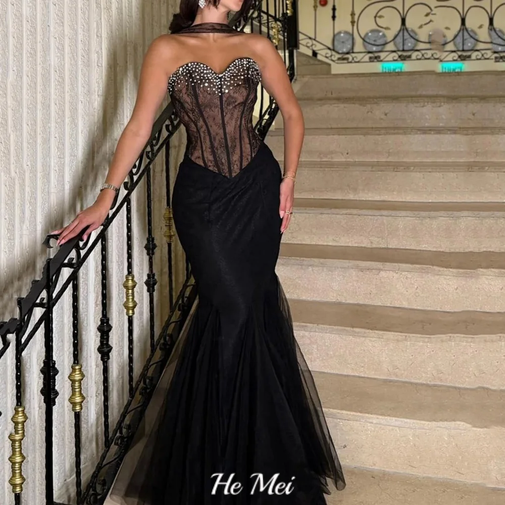 

Tulle Black Mermaid Customized Prom Dresses Beading Halter Evening Dress Lace Sweetheart Party Gowns Vestidos De Novia