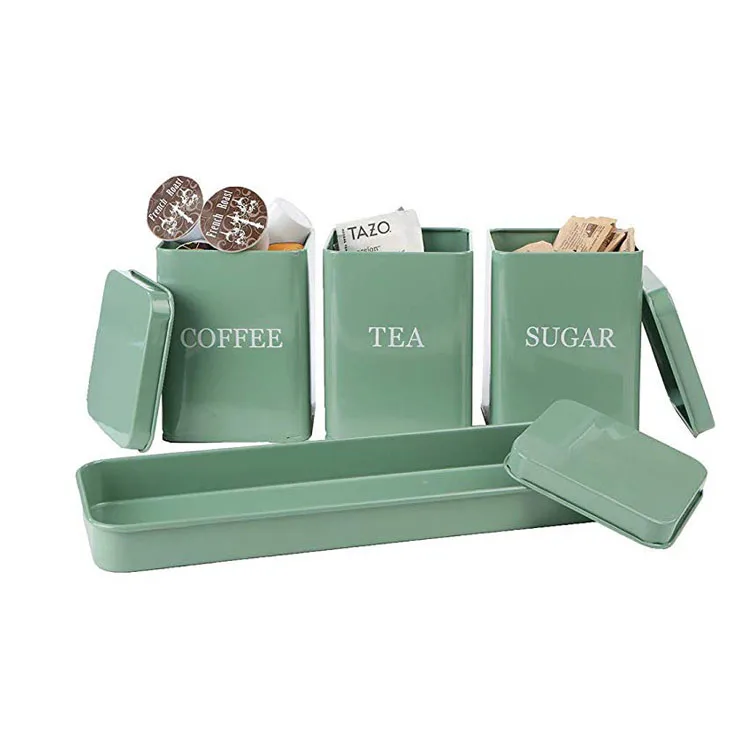 4 Piece Coffee Tea Sugar Storage Kitchen Canister Set Tin Canister