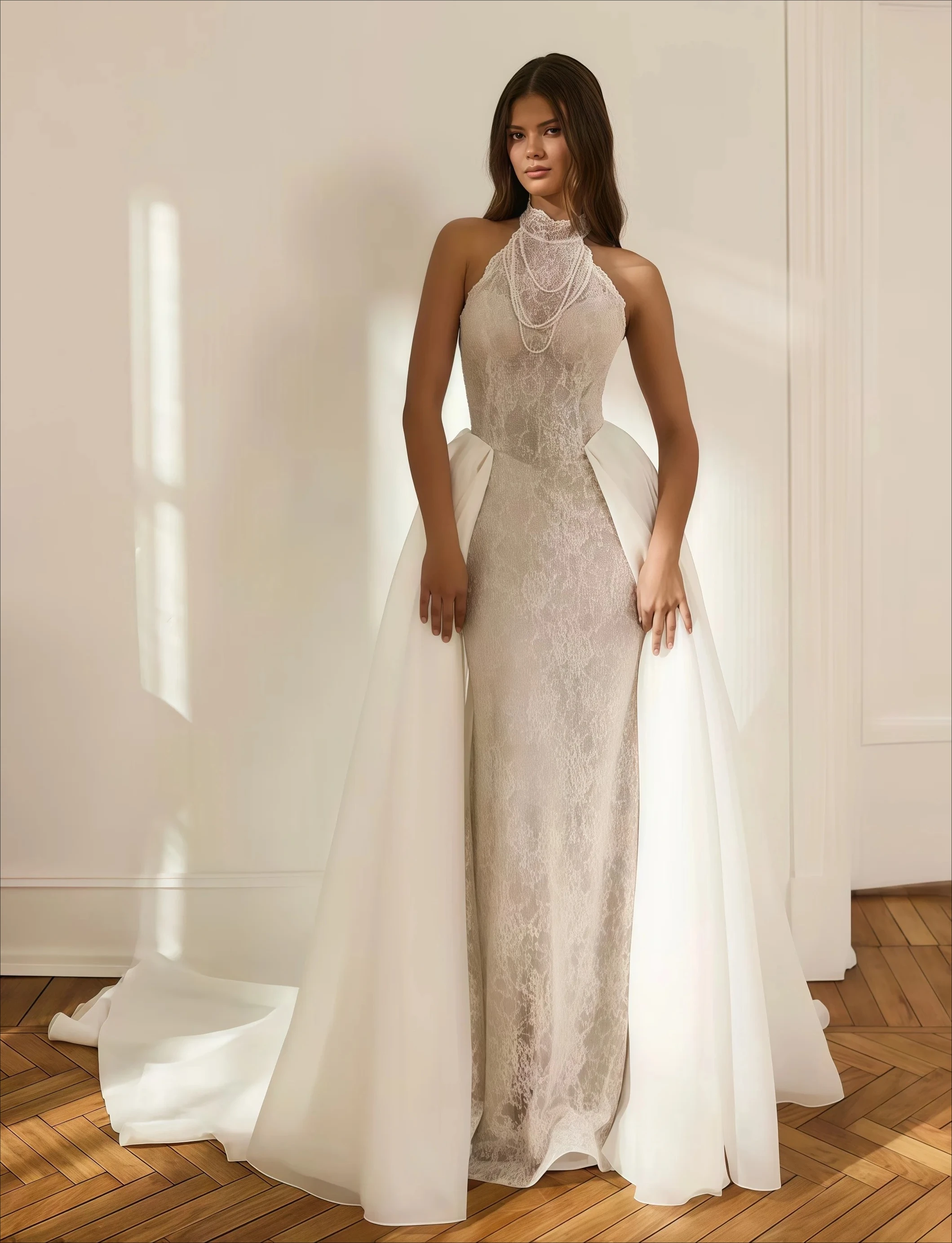 Customized High Halter Neck Mermaid Gown Bare Shoulder Fitted Silhouette Open Cross Back Detachable Overlayer Skirt Dress