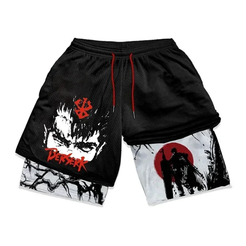 Y2K Shorts Pants Mens Japanese Harajuku Gothic Anime Print 2 in 1 Double Layer Casual Sports Shorts New Men Basketball Shorts